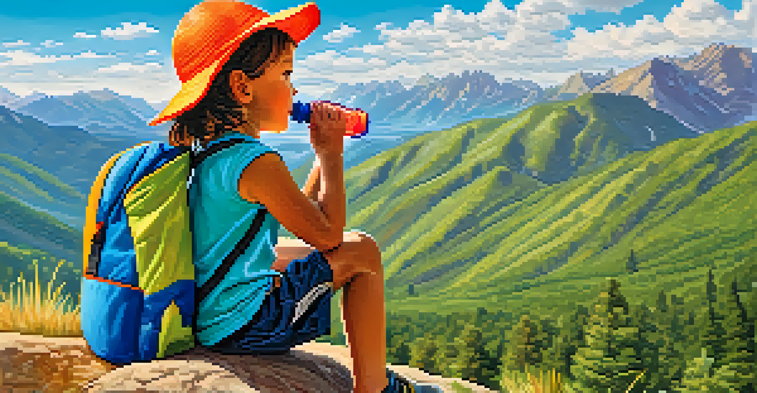 A child hiking and drinking from a reusable water bottle with mountains in the background.