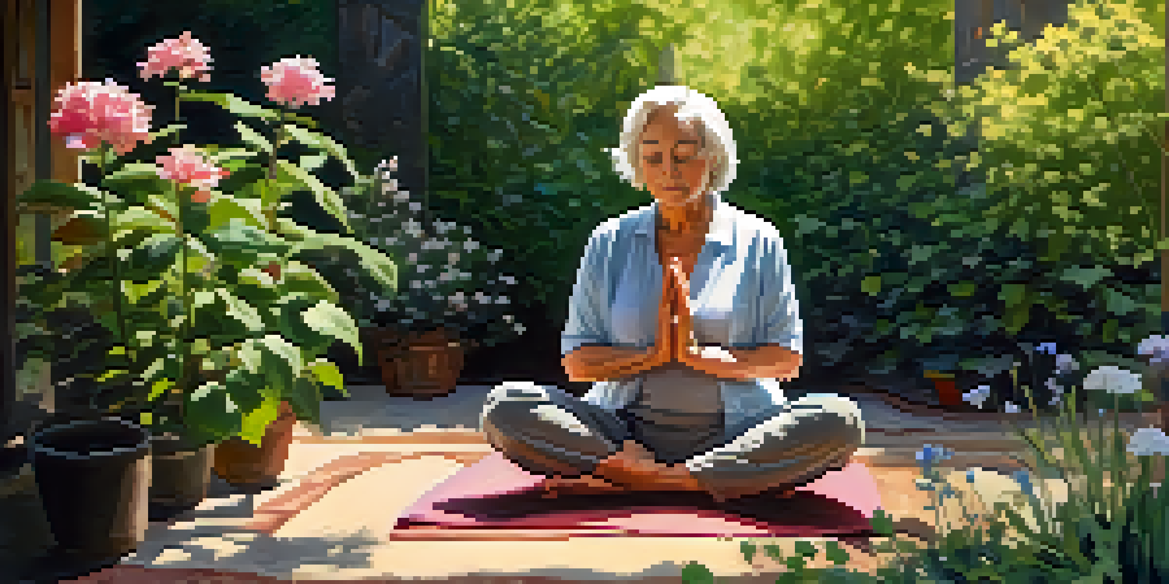 An older adult practicing mindfulness in a garden, sitting cross-legged with eyes closed, surrounded by flowers and greenery.