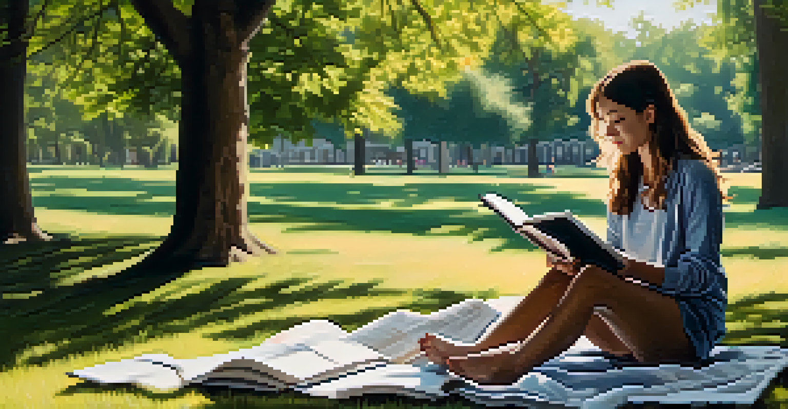 A person journaling on a blanket in a peaceful park, surrounded by trees and sunlight filtering through the leaves.