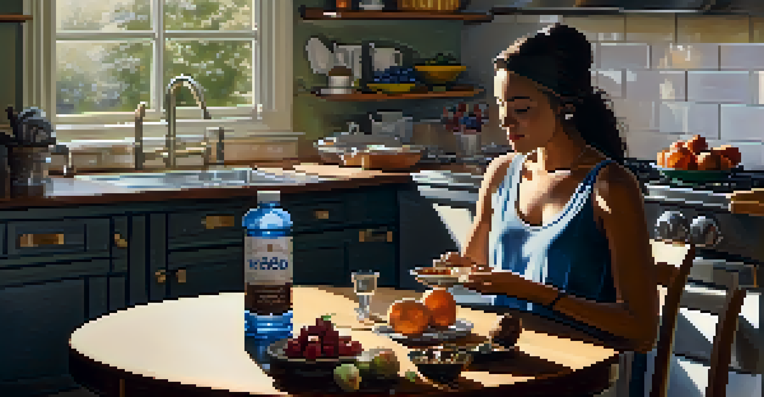 A person enjoying a piece of dark chocolate in a cozy kitchen setting with fresh fruits and a water bottle in the background.