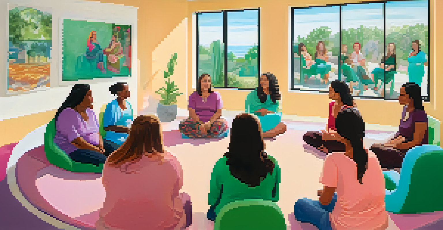 A group of pregnant women in a support session, sharing experiences in a welcoming environment.