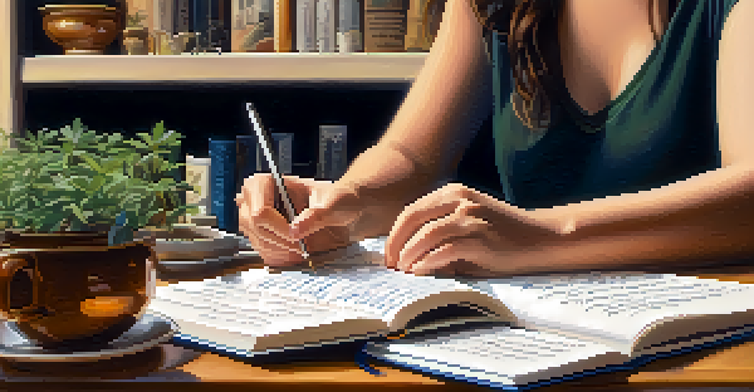 A woman writing in a journal titled 'Family Health History' with a cup of herbal tea beside her in a serene setting.