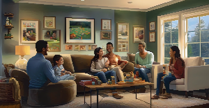 A family enjoying a game night in a cozy living room, with warm lighting and happy expressions.