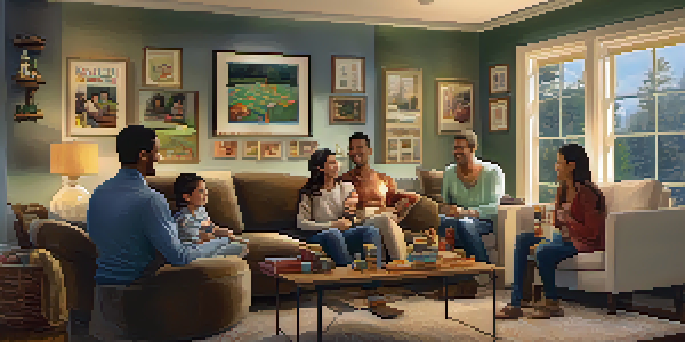 A family enjoying a game night in a cozy living room, with warm lighting and happy expressions.