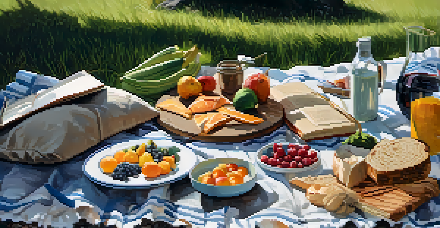A picnic blanket with healthy foods and a person enjoying a meal, with a journal placed nearby in a natural outdoor setting.
