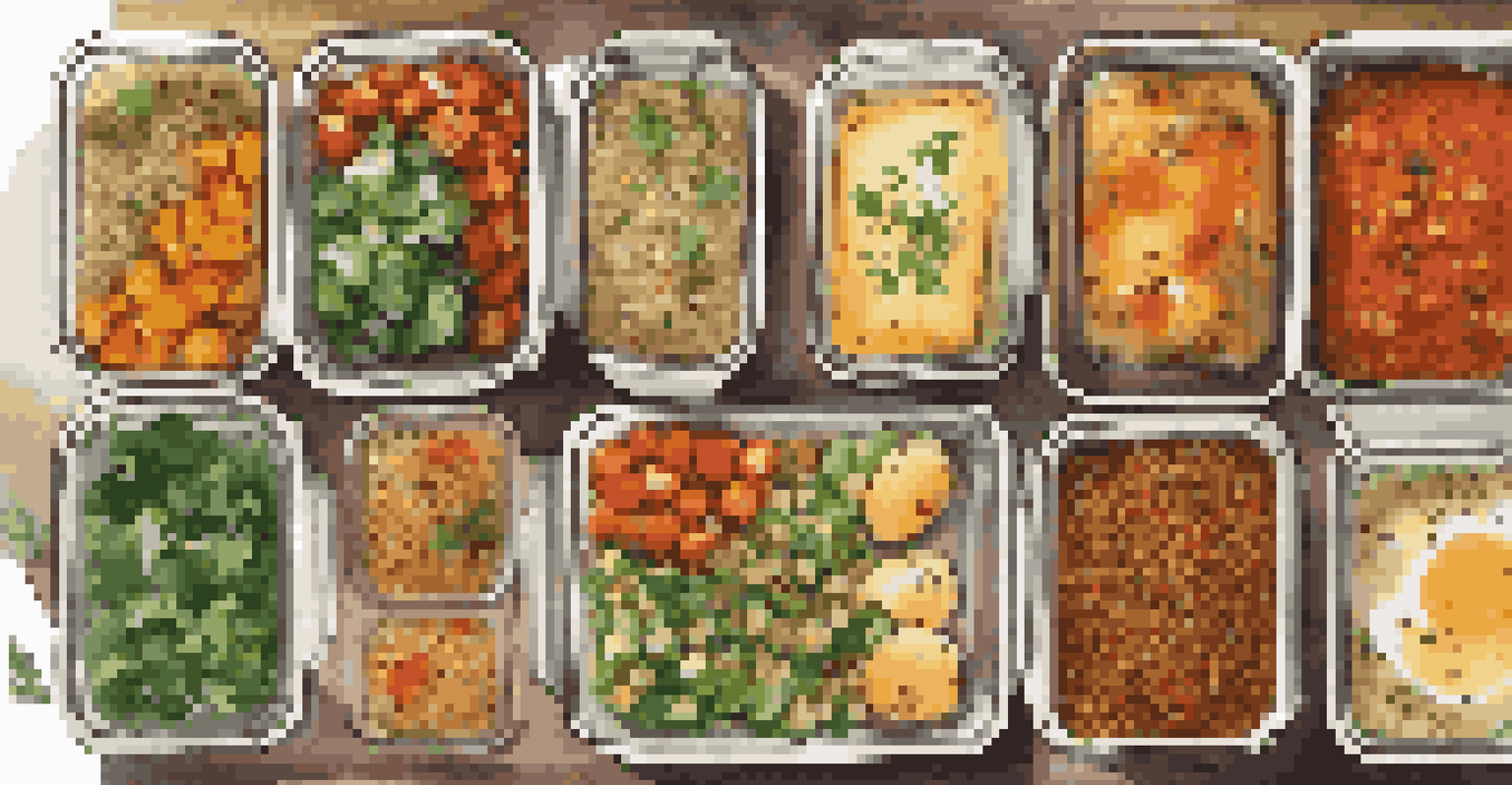 An overhead view of a meal prep station with healthy meals in containers, surrounded by herbs and spices.