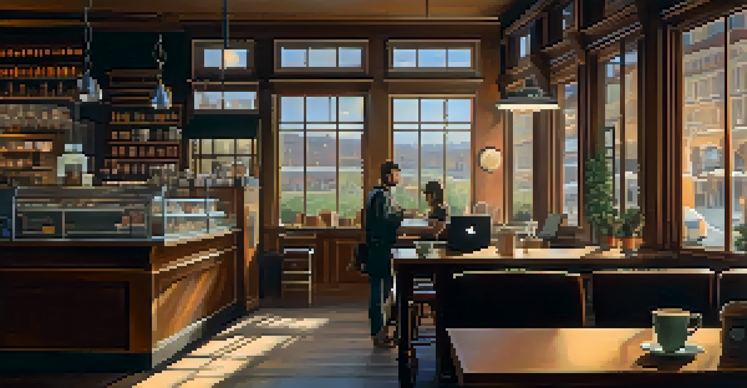 A cozy coffee shop table with a steaming cup of coffee and an open laptop, with a barista in the background.