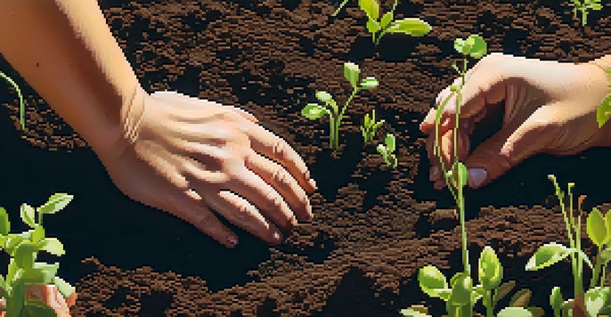 Close-up of hands planting seeds in soil, with small sprouts visible, set against a blurred background of gardeners at work.