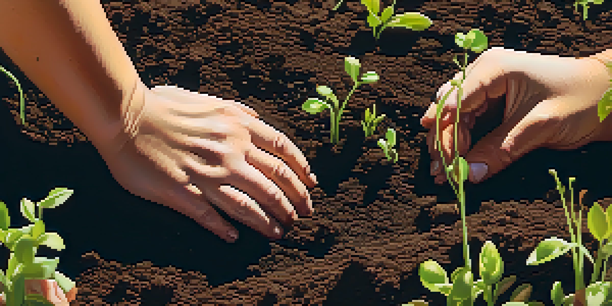 Close-up of hands planting seeds in soil, with small sprouts visible, set against a blurred background of gardeners at work.