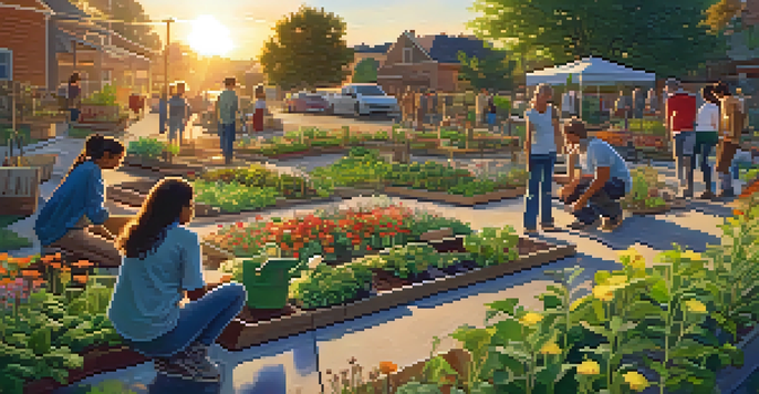 A community garden with people of different ages planting and watering under a glowing sunset.
