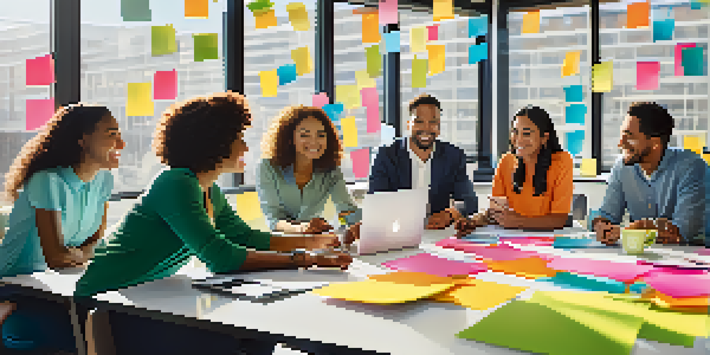 A diverse group of employees in an office meeting, smiling and collaborating with sticky notes and laptops, highlighting a positive workplace environment.
