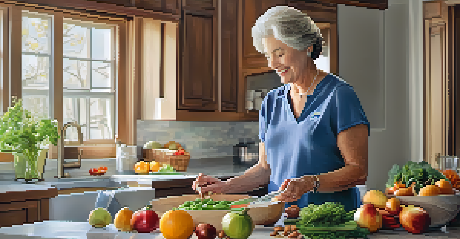 A senior cooking a healthy meal in a bright kitchen, surrounded by fresh ingredients like vegetables and fruits.