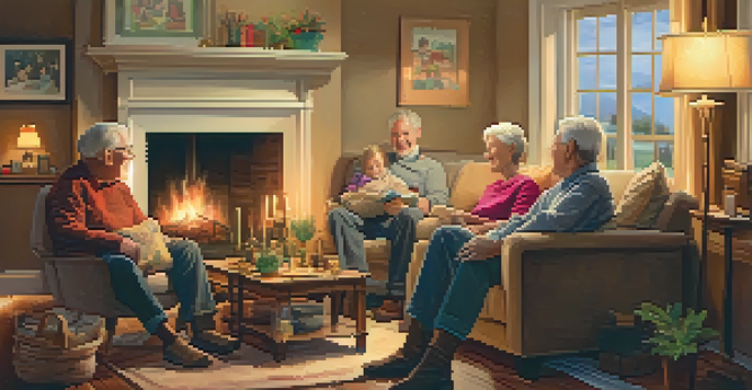 A family gathering in a cozy living room with multiple generations sharing stories together.