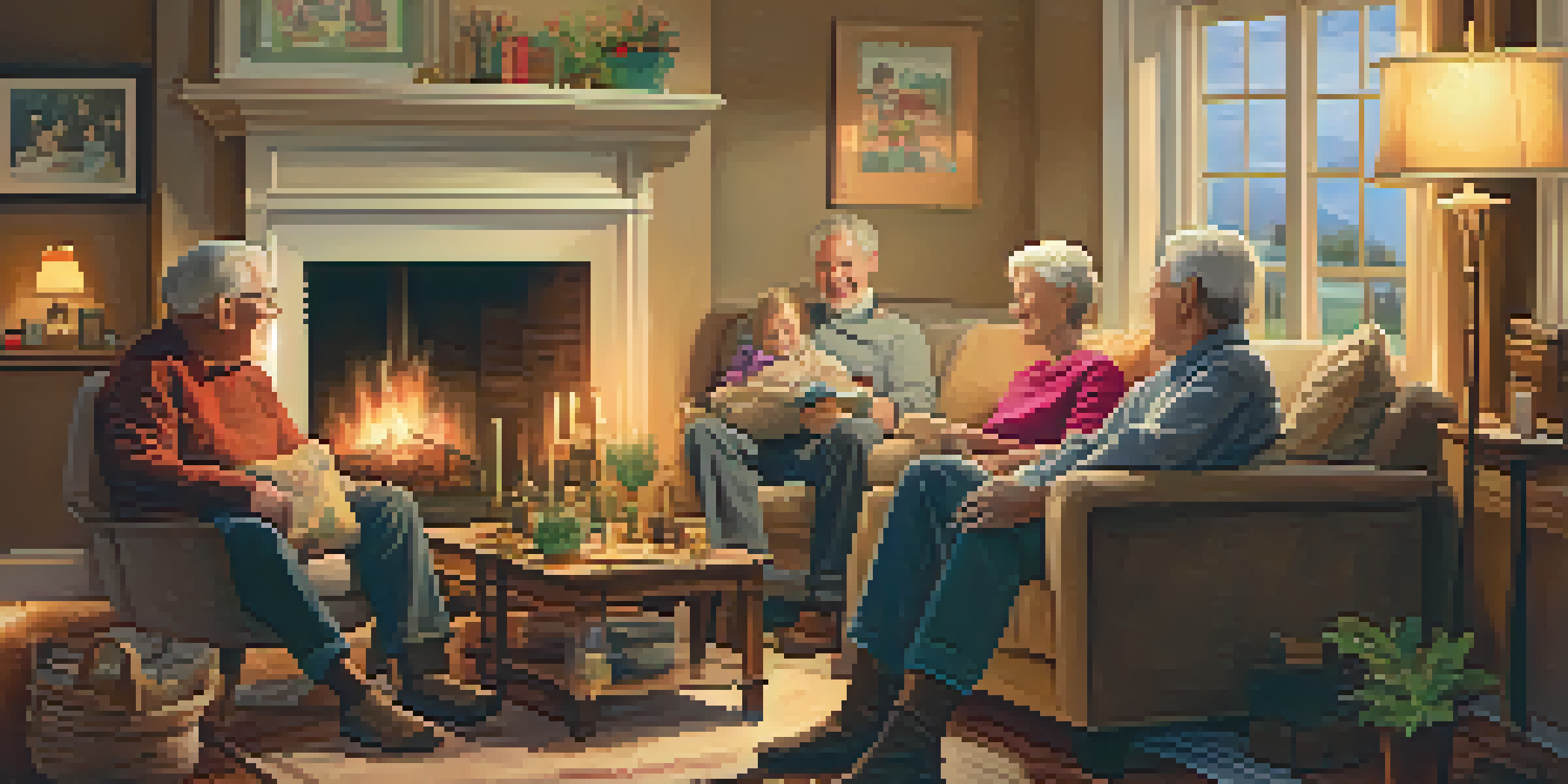 A family gathering in a cozy living room with multiple generations sharing stories together.