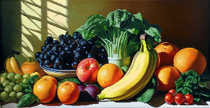 A colorful plate of fresh fruits and vegetables like bananas, spinach, and oranges, illuminated by natural sunlight.