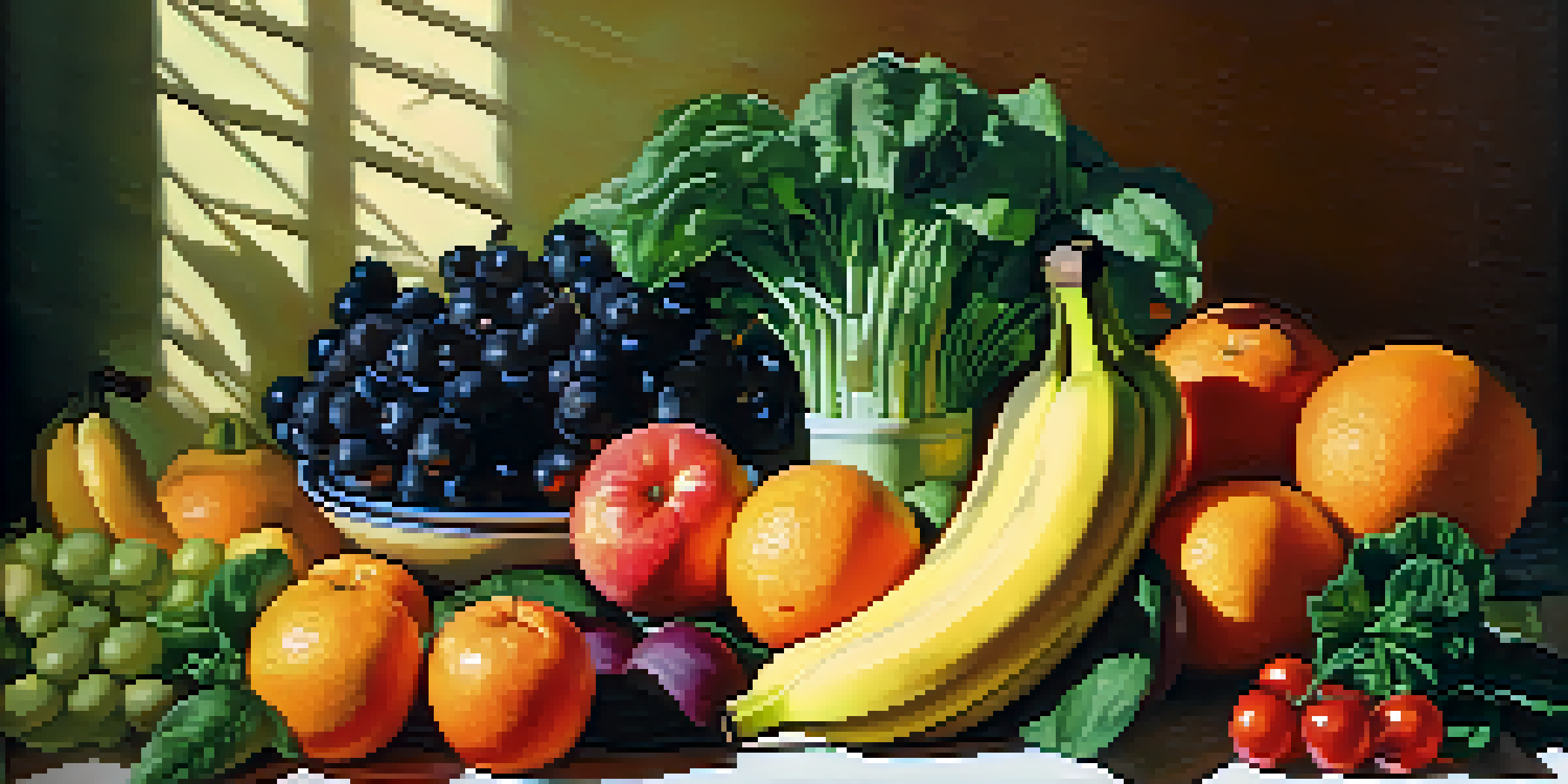 A colorful plate of fresh fruits and vegetables like bananas, spinach, and oranges, illuminated by natural sunlight.
