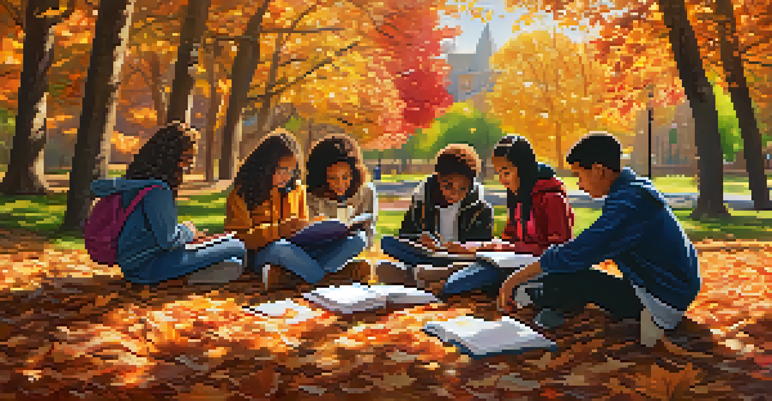 A group of diverse teenagers in a park, writing in their journals, surrounded by colorful autumn foliage.