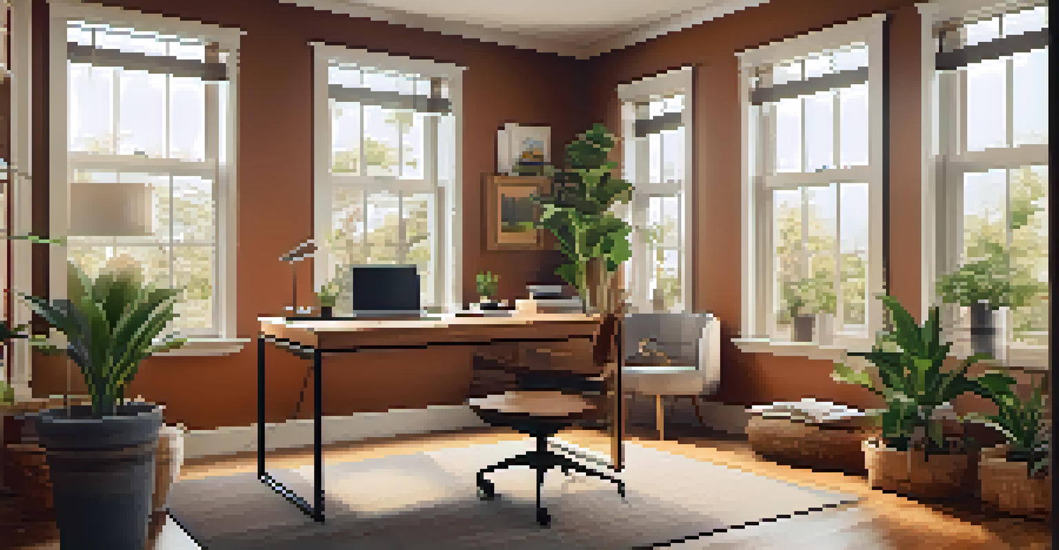 A cozy home office with a warm atmosphere, featuring a desk with a laptop and plants, illuminated by natural light.