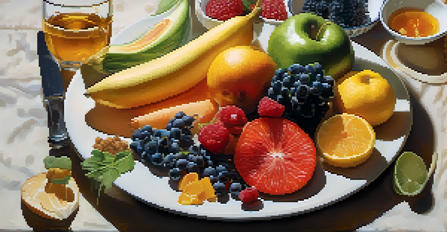 A close-up view of a colorful plate filled with fruits, vegetables, whole grains, and fermented foods, illuminated by natural sunlight.