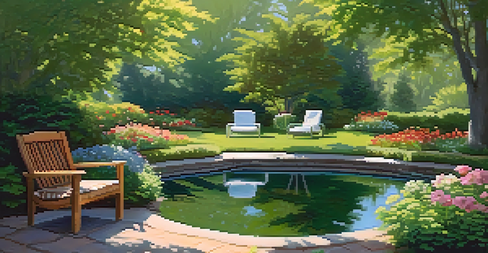 A peaceful garden with blooming flowers, a pond, and a cozy reading nook under soft sunlight.