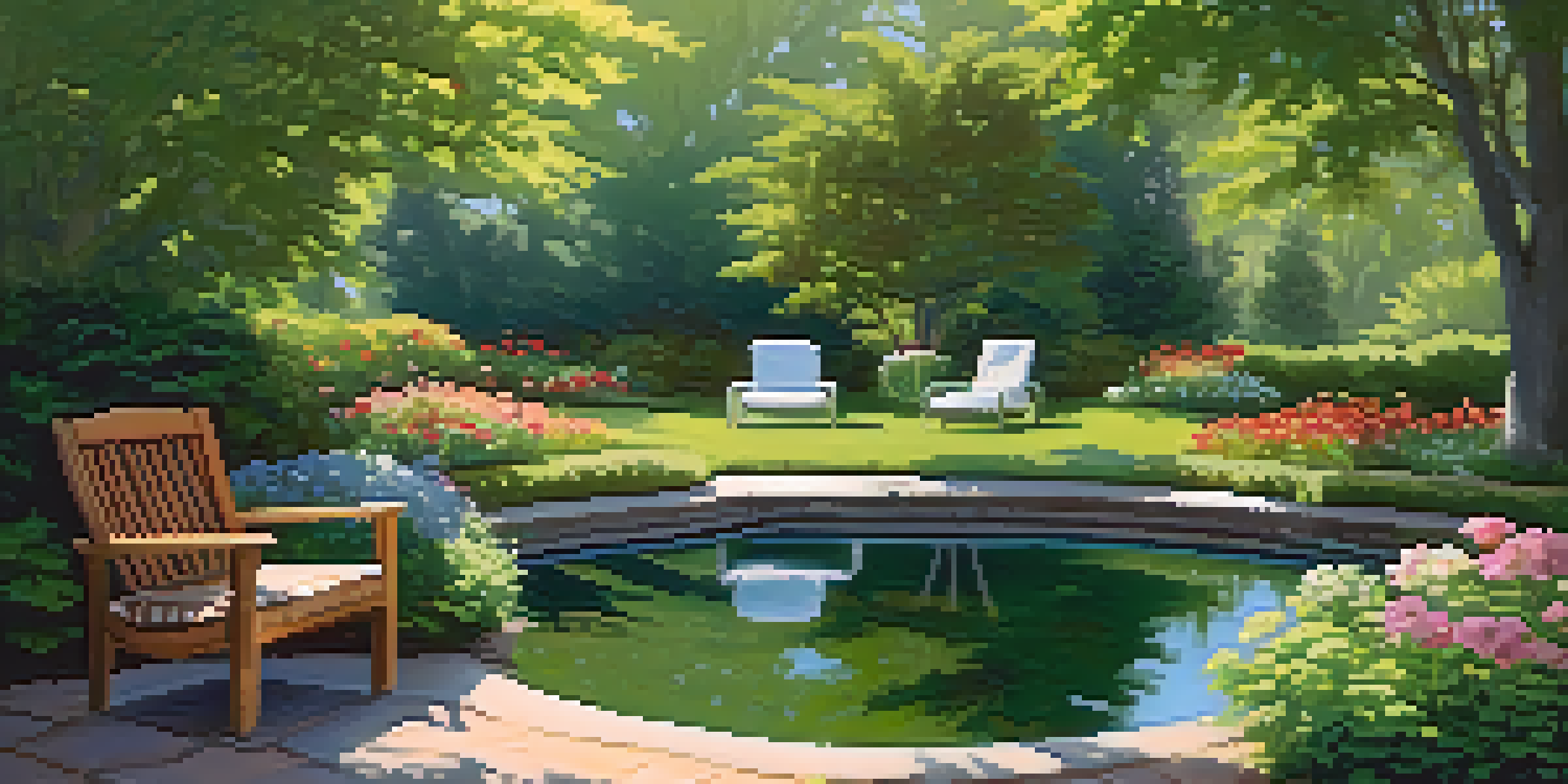 A peaceful garden with blooming flowers, a pond, and a cozy reading nook under soft sunlight.