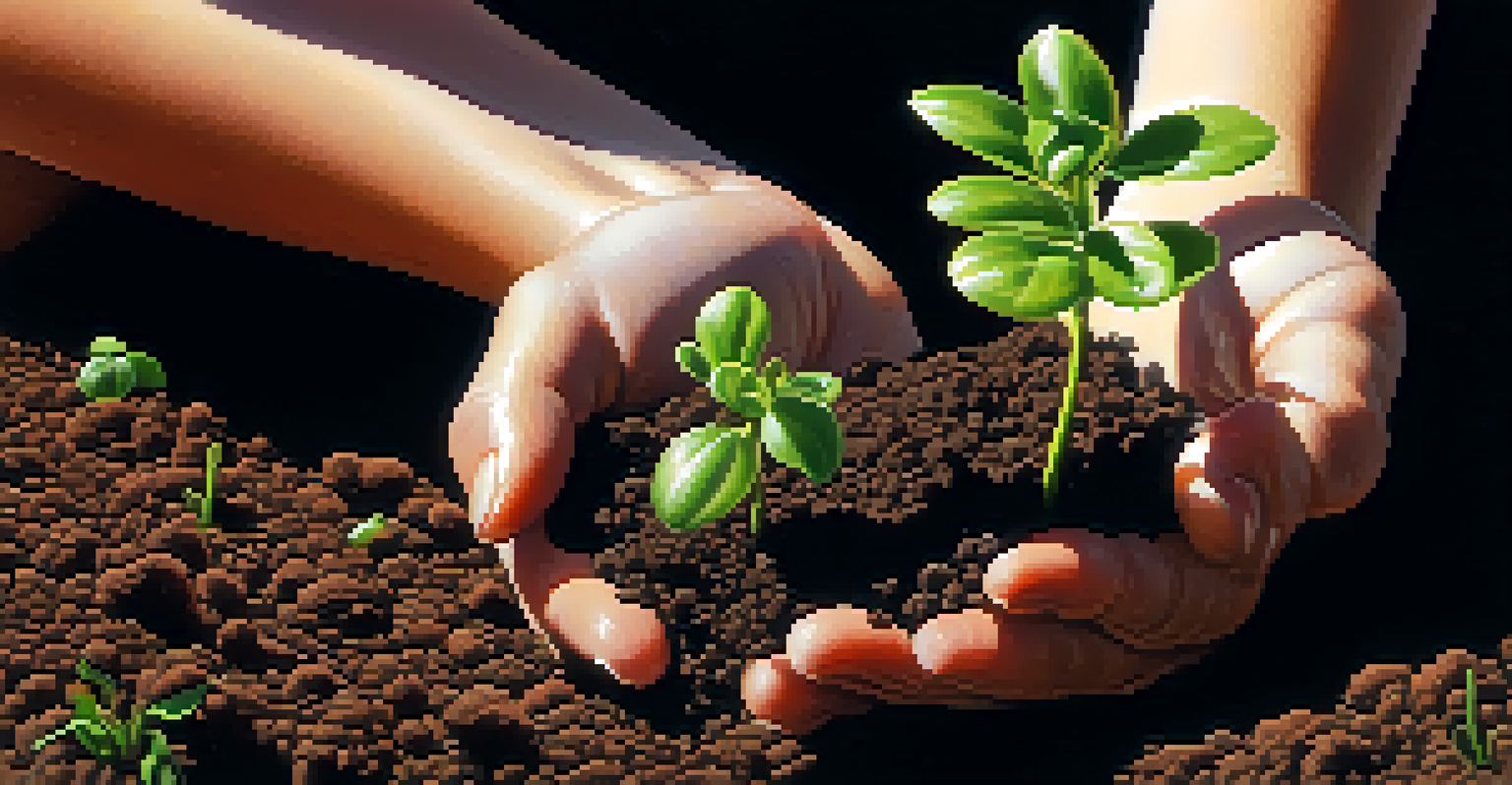 Close-up of hands planting seeds in soil, surrounded by emerging sprouts under warm sunlight.