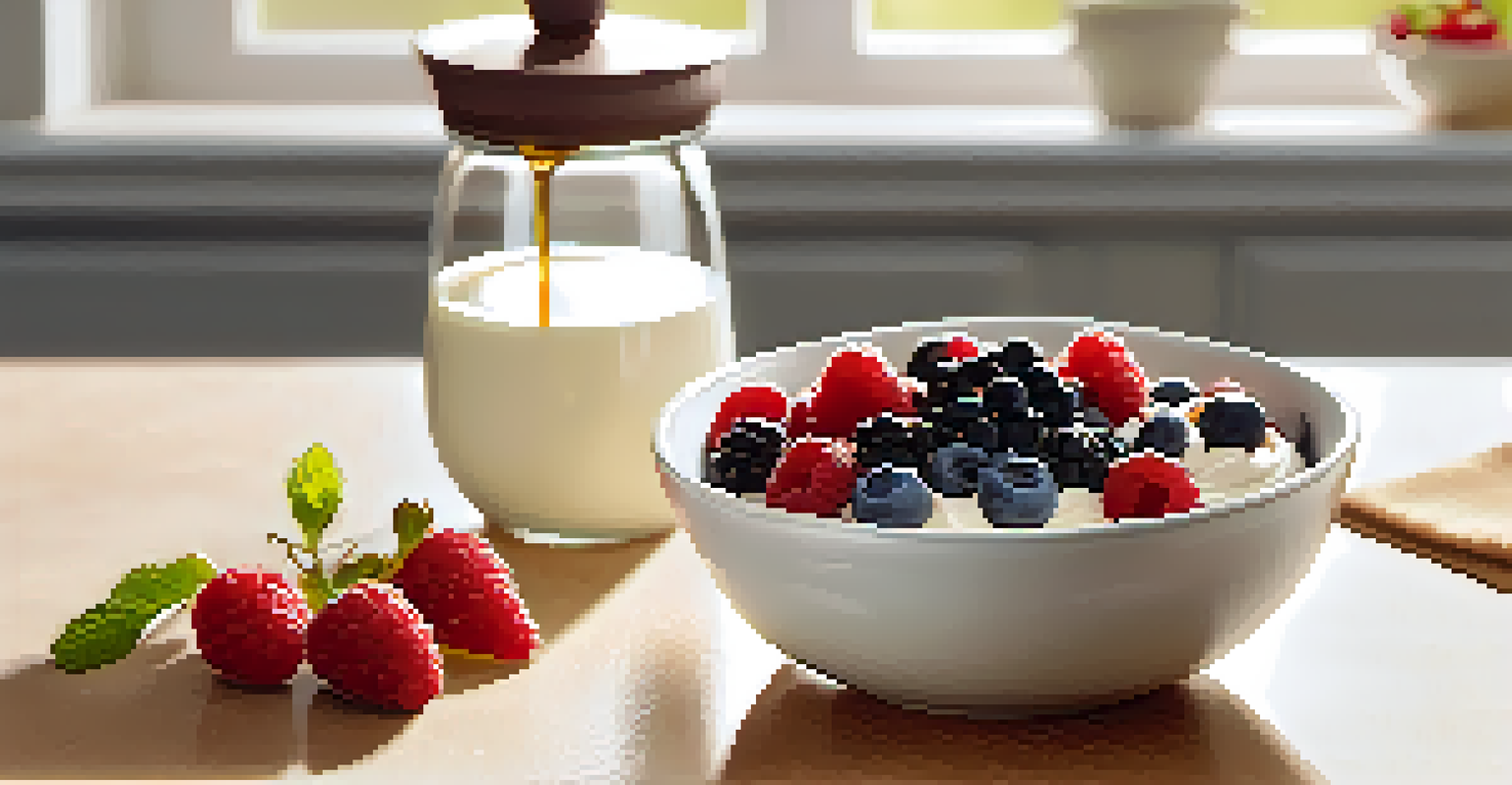 A bowl of Greek yogurt with mixed berries and honey, surrounded by fresh berries and a piece of dark chocolate.