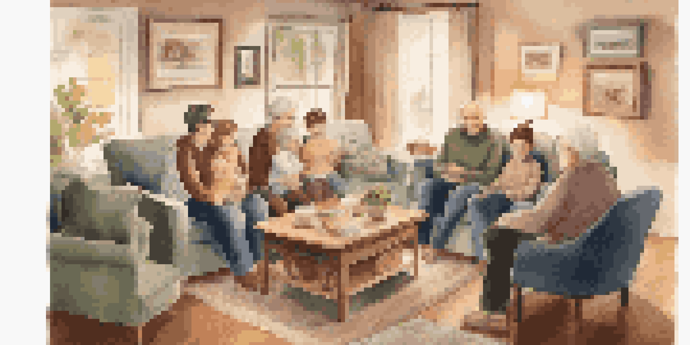 A warm and inviting living room scene with a family of different generations gathered around, discussing their health history.