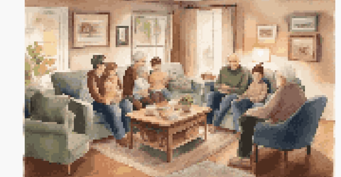 A warm and inviting living room scene with a family of different generations gathered around, discussing their health history.