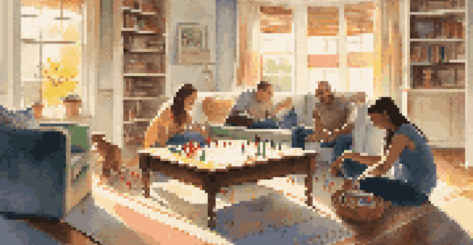 A family playing board games together in a sunlit living room, smiling and enjoying their time with colorful game pieces on the table.