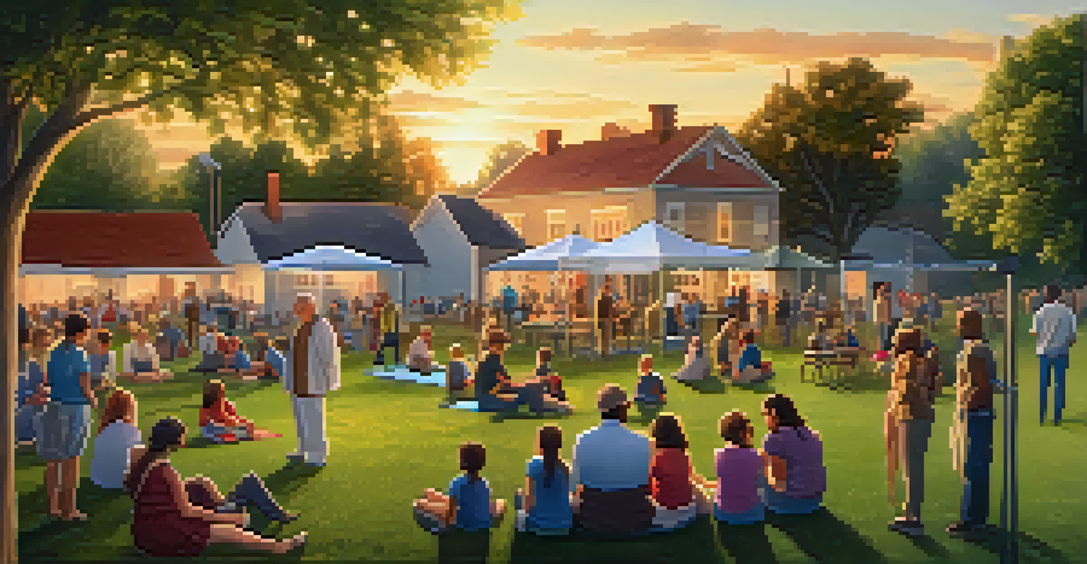 A rural community health event in a park with people participating in screenings and activities, surrounded by a picturesque landscape at sunset.