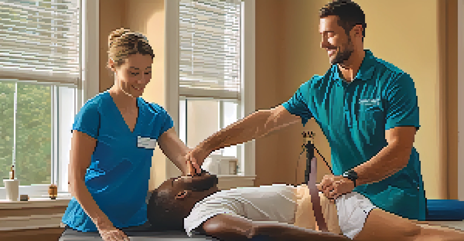 A physical therapist helping a patient with shoulder exercises, highlighting a supportive environment.