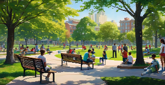 A community park where young people are playing sports, painting, and socializing under a bright sun, surrounded by greenery and colorful flowers.