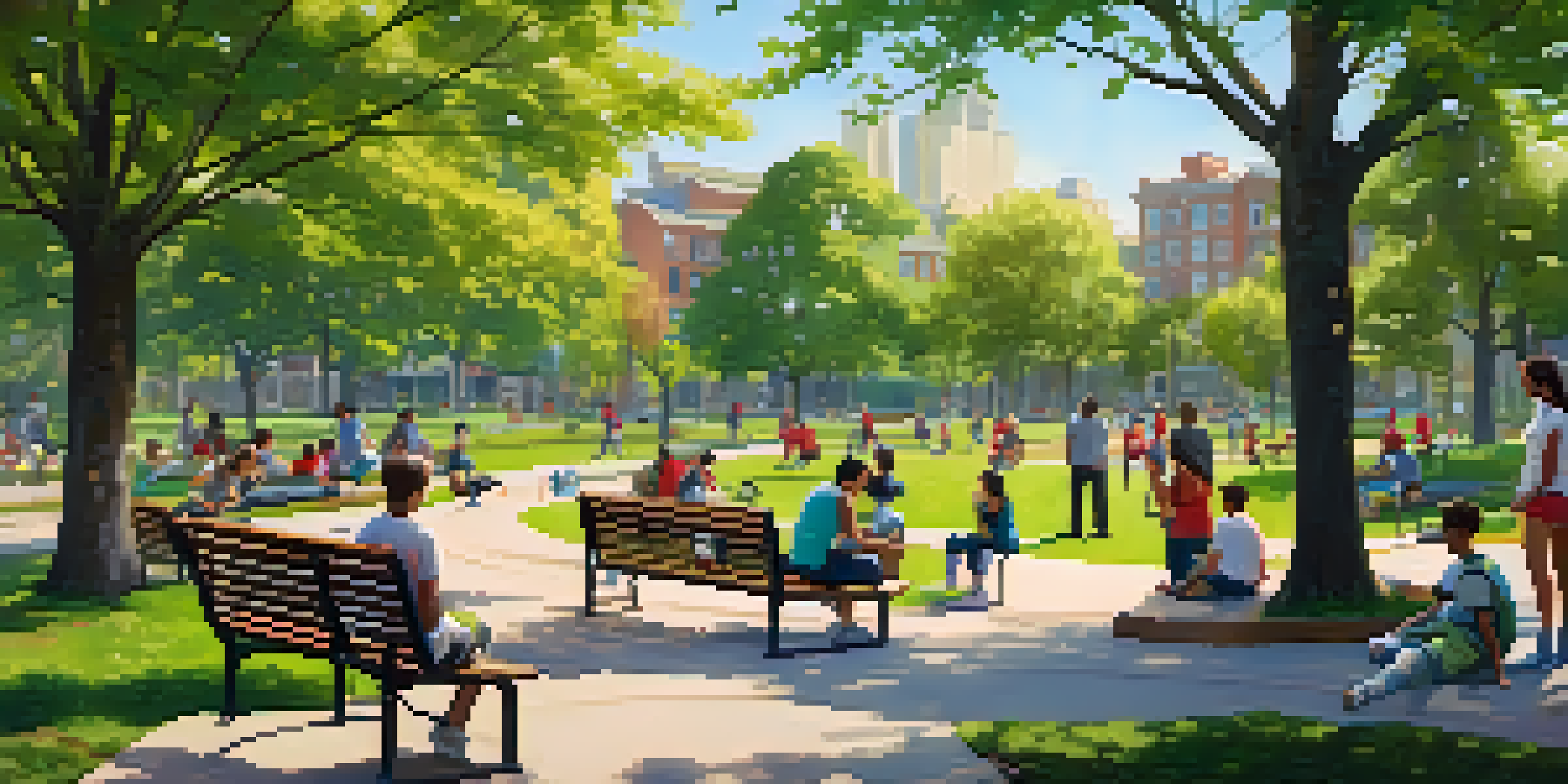 A community park where young people are playing sports, painting, and socializing under a bright sun, surrounded by greenery and colorful flowers.