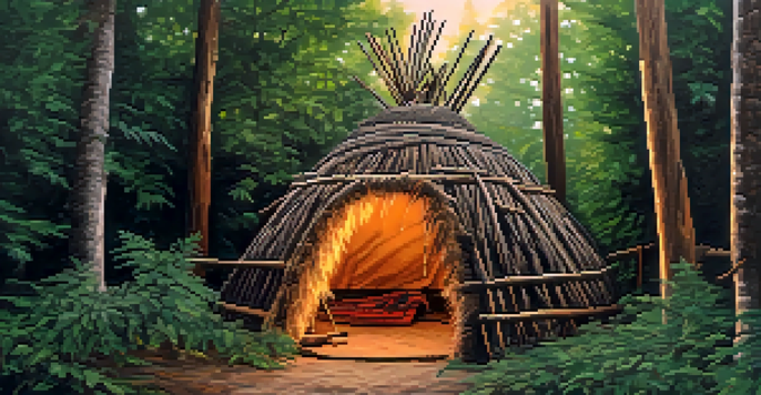 A close-up view of a traditional Native American sweat lodge surrounded by trees, with smoke rising from the entrance.