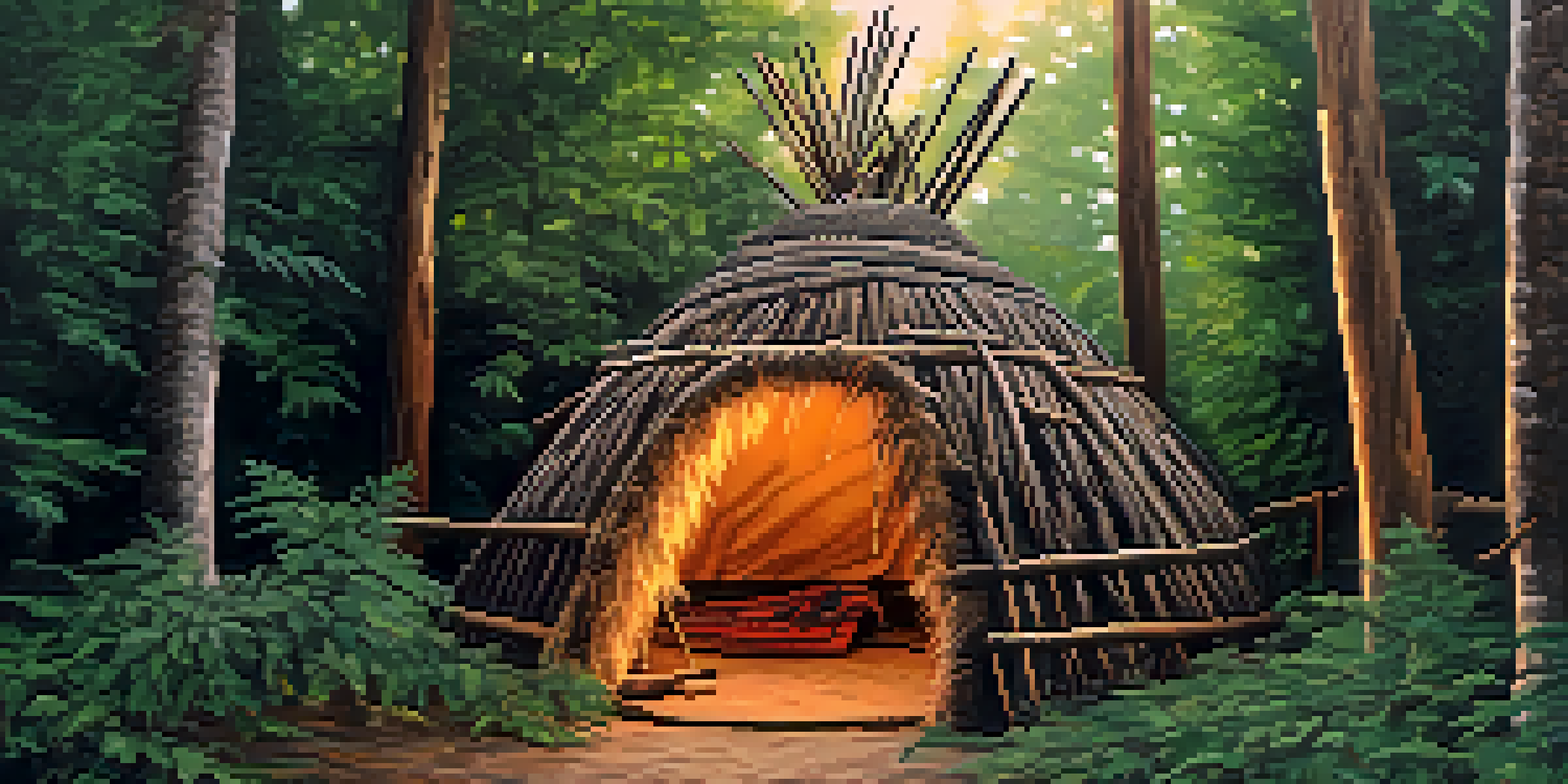 A close-up view of a traditional Native American sweat lodge surrounded by trees, with smoke rising from the entrance.