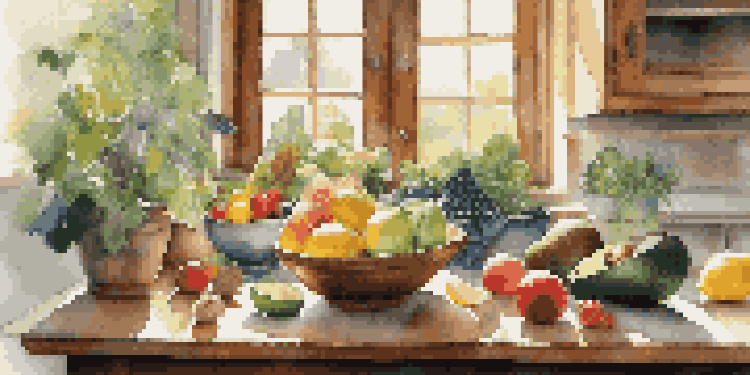 A bright kitchen table filled with fresh fruits and vegetables, a glass of water with lemon, and a bowl of nuts, illuminated by sunlight.