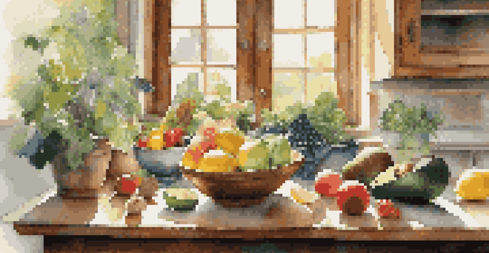 A bright kitchen table filled with fresh fruits and vegetables, a glass of water with lemon, and a bowl of nuts, illuminated by sunlight.