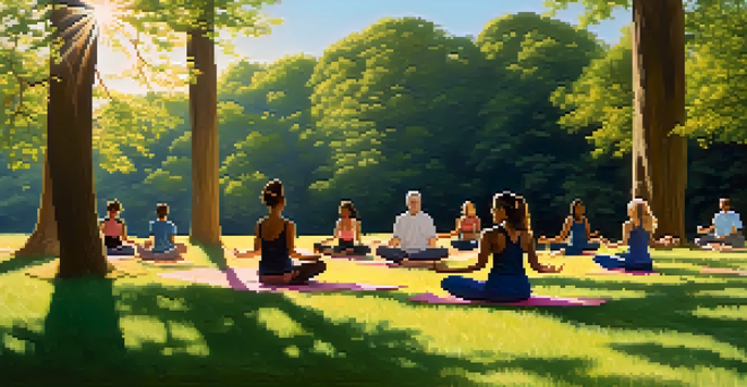 A diverse group of individuals practicing yoga on a grassy hilltop during sunrise, surrounded by nature.