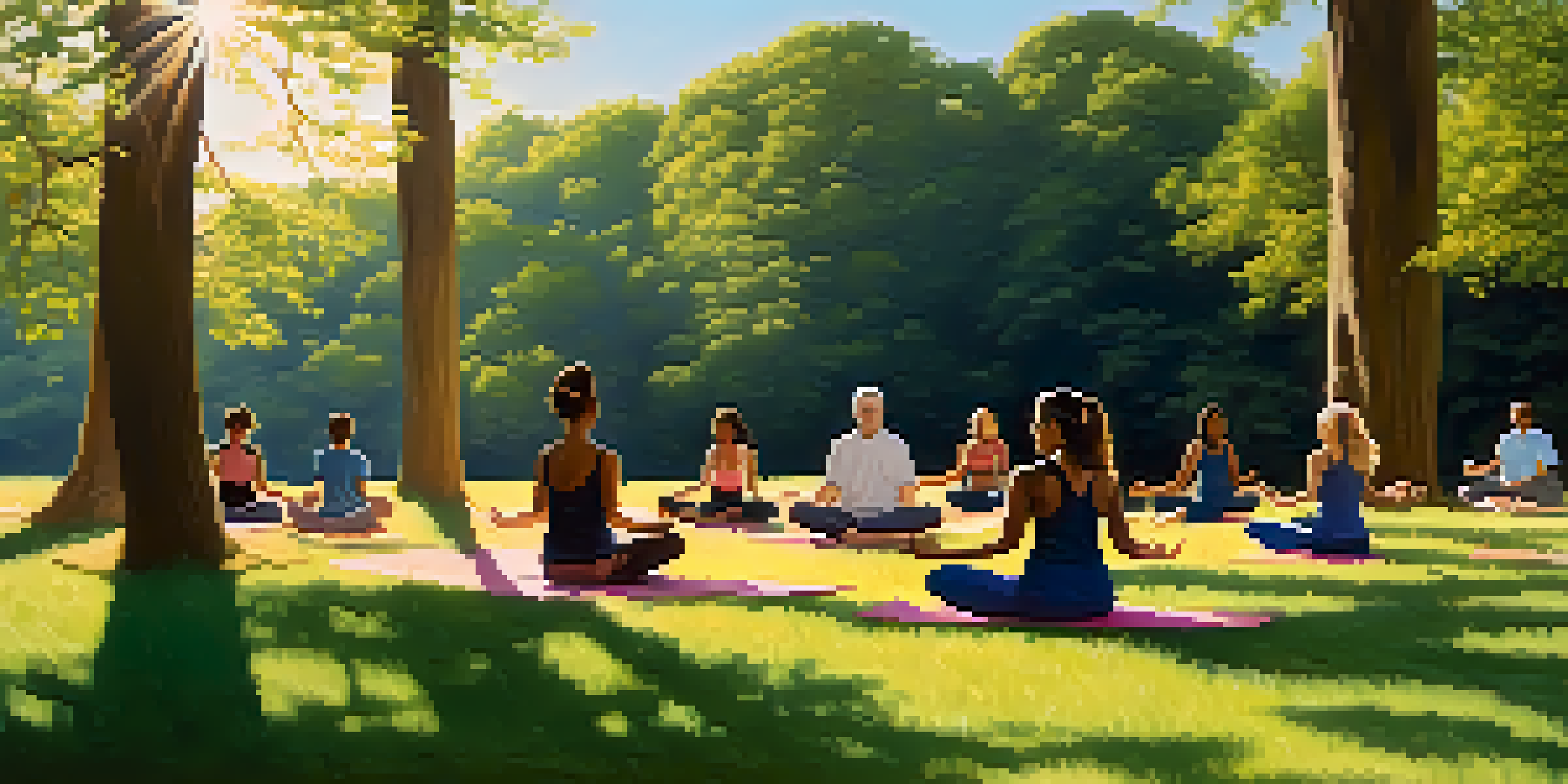 A diverse group of individuals practicing yoga on a grassy hilltop during sunrise, surrounded by nature.