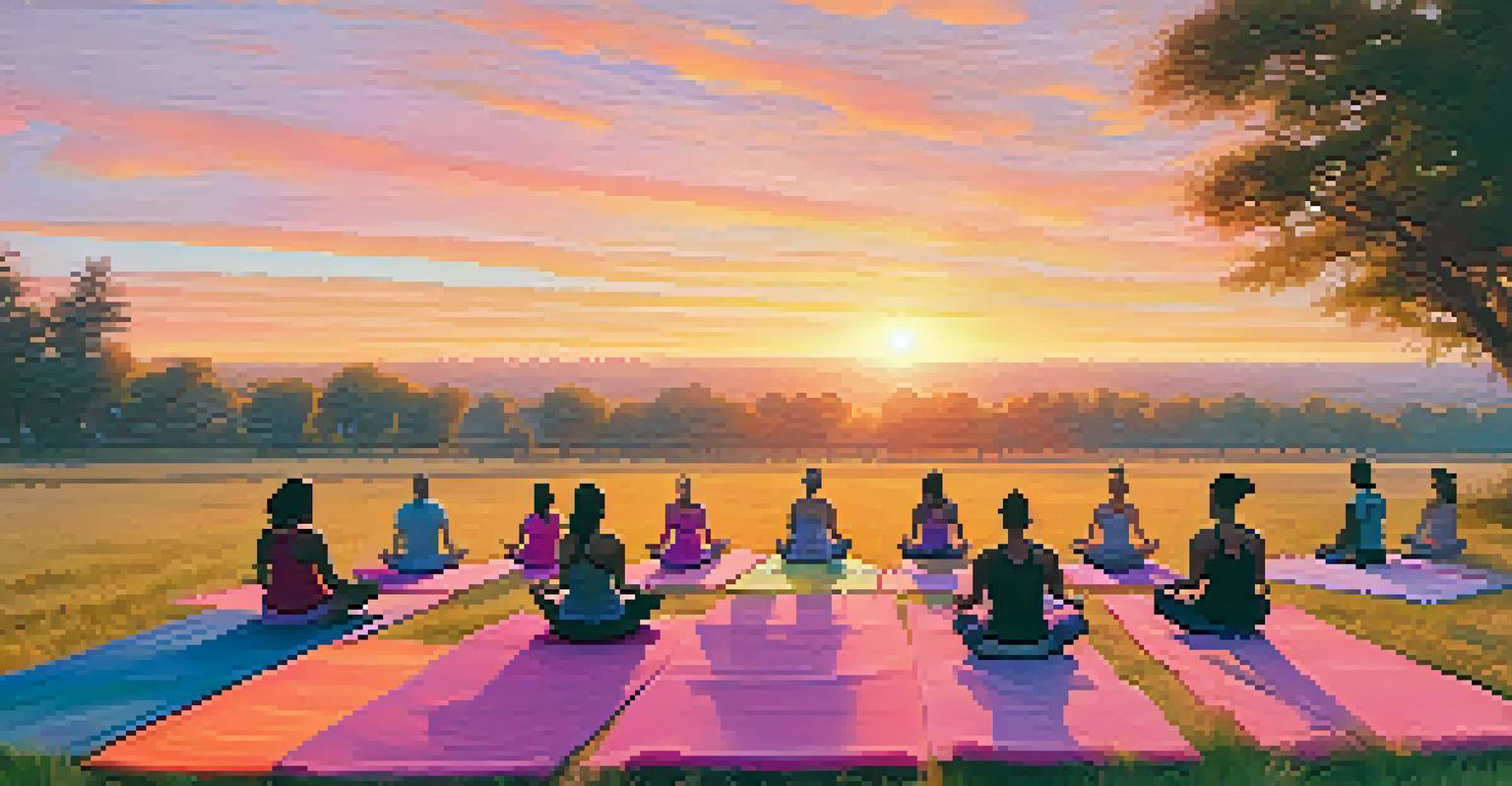 A diverse group practicing yoga outdoors at sunset, creating a peaceful and grateful atmosphere.