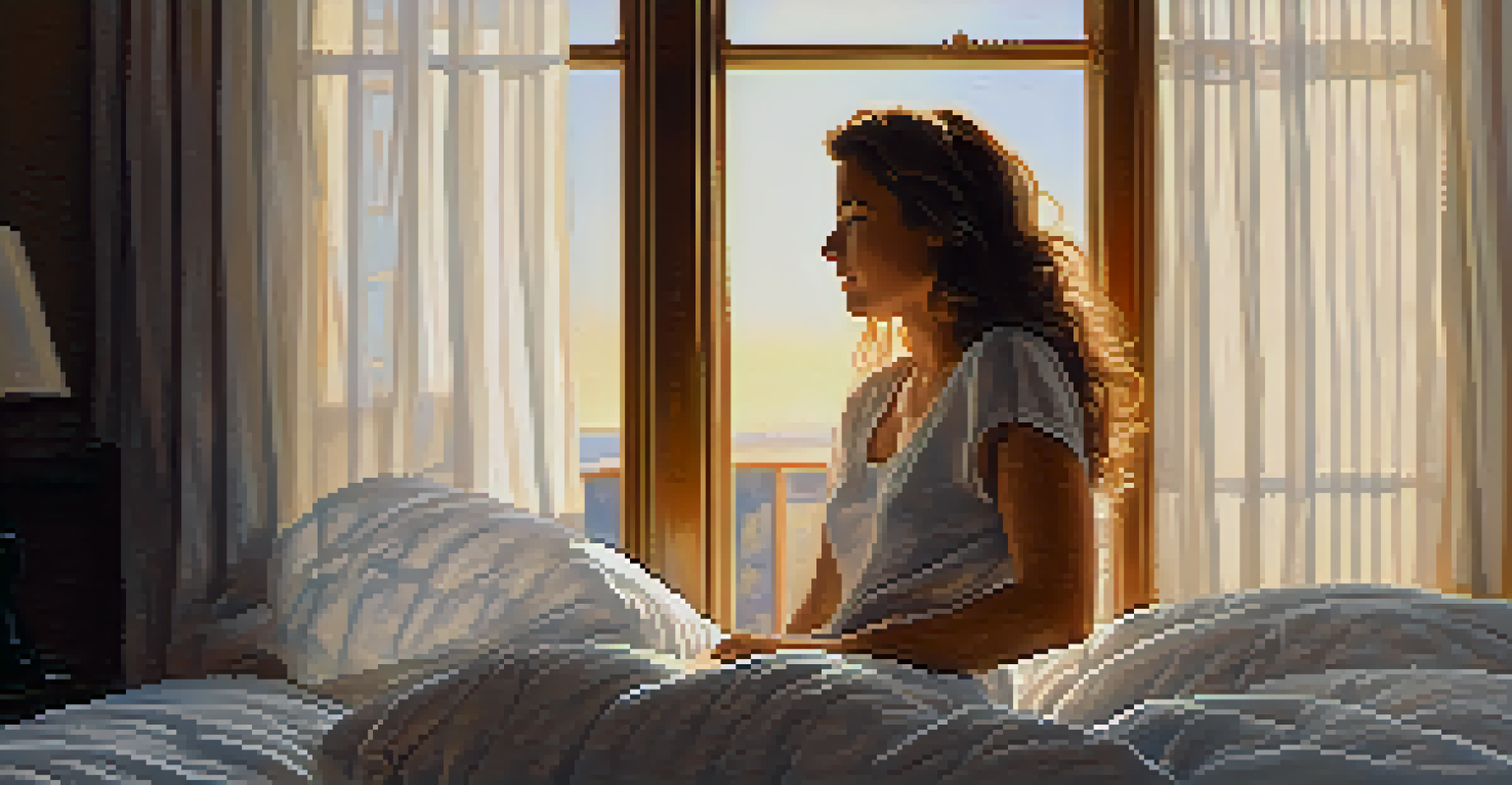 A person waking up happily in a sunlit bedroom, stretching in bed with a smart alarm clock beside them, simulating a sunrise.