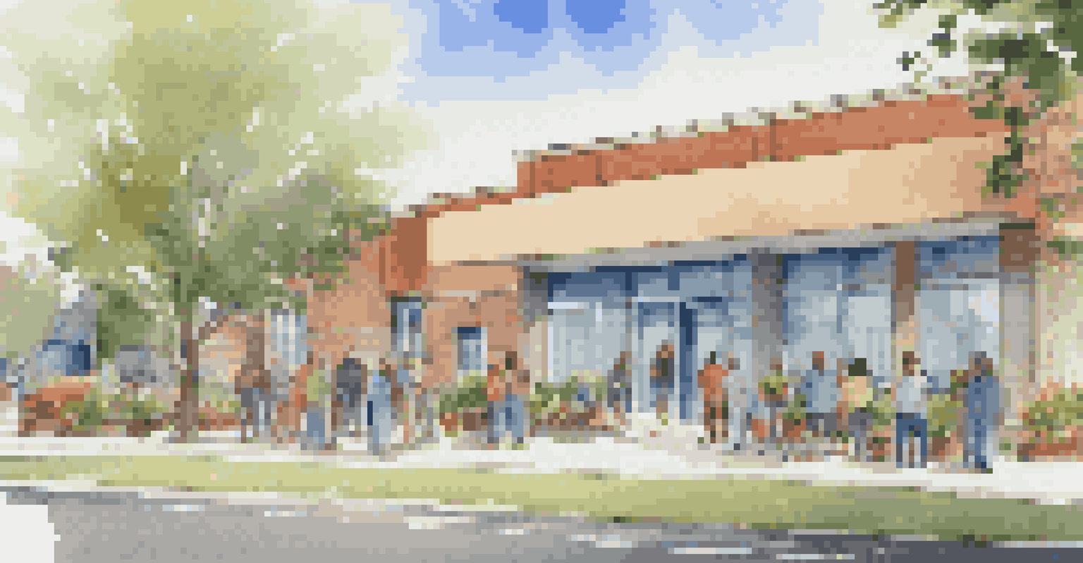 A community center with diverse individuals discussing outside, representing support and togetherness.