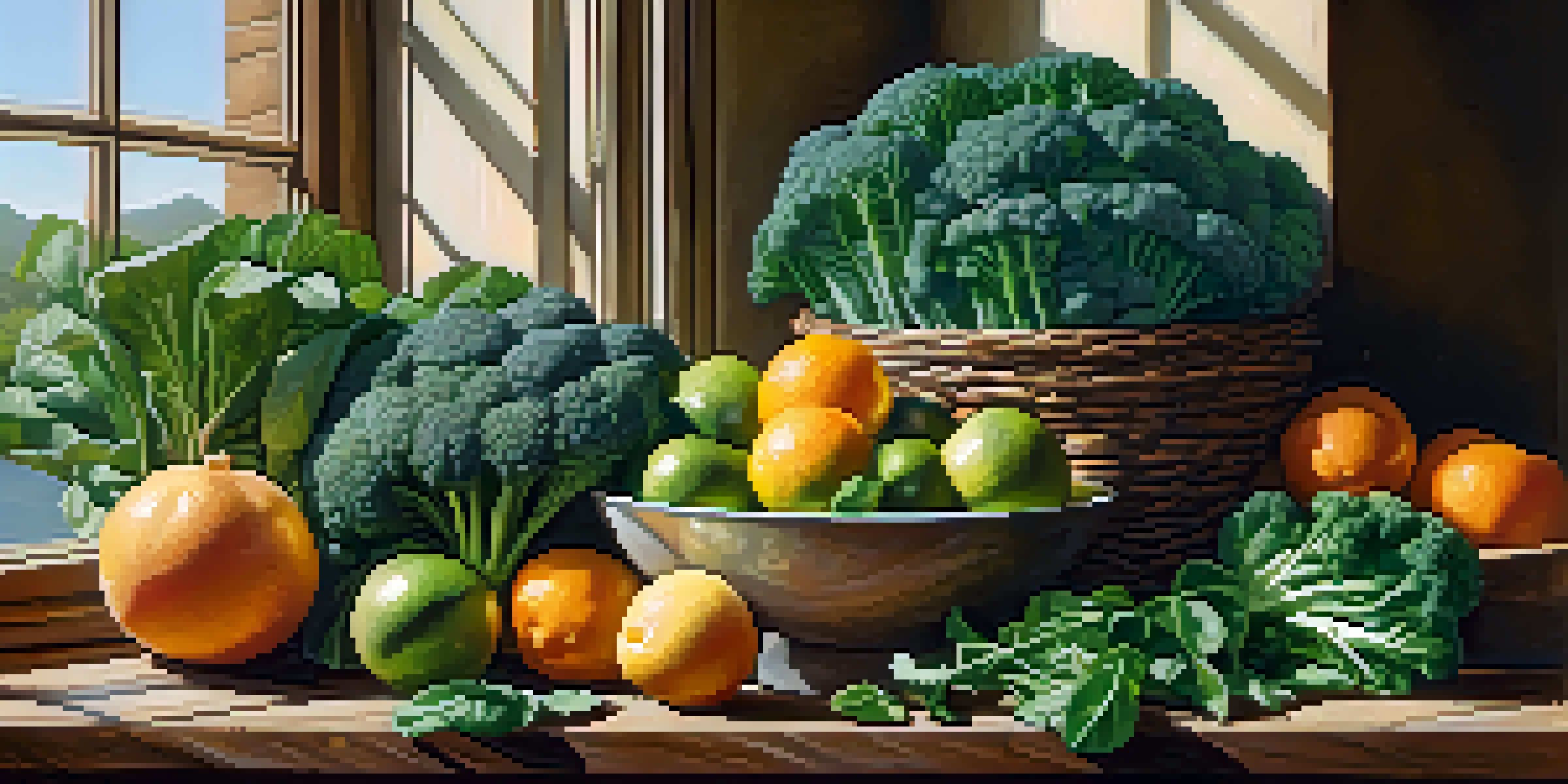 A colorful display of spinach, broccoli, lentils, and citrus fruits on a wooden table with soft lighting.