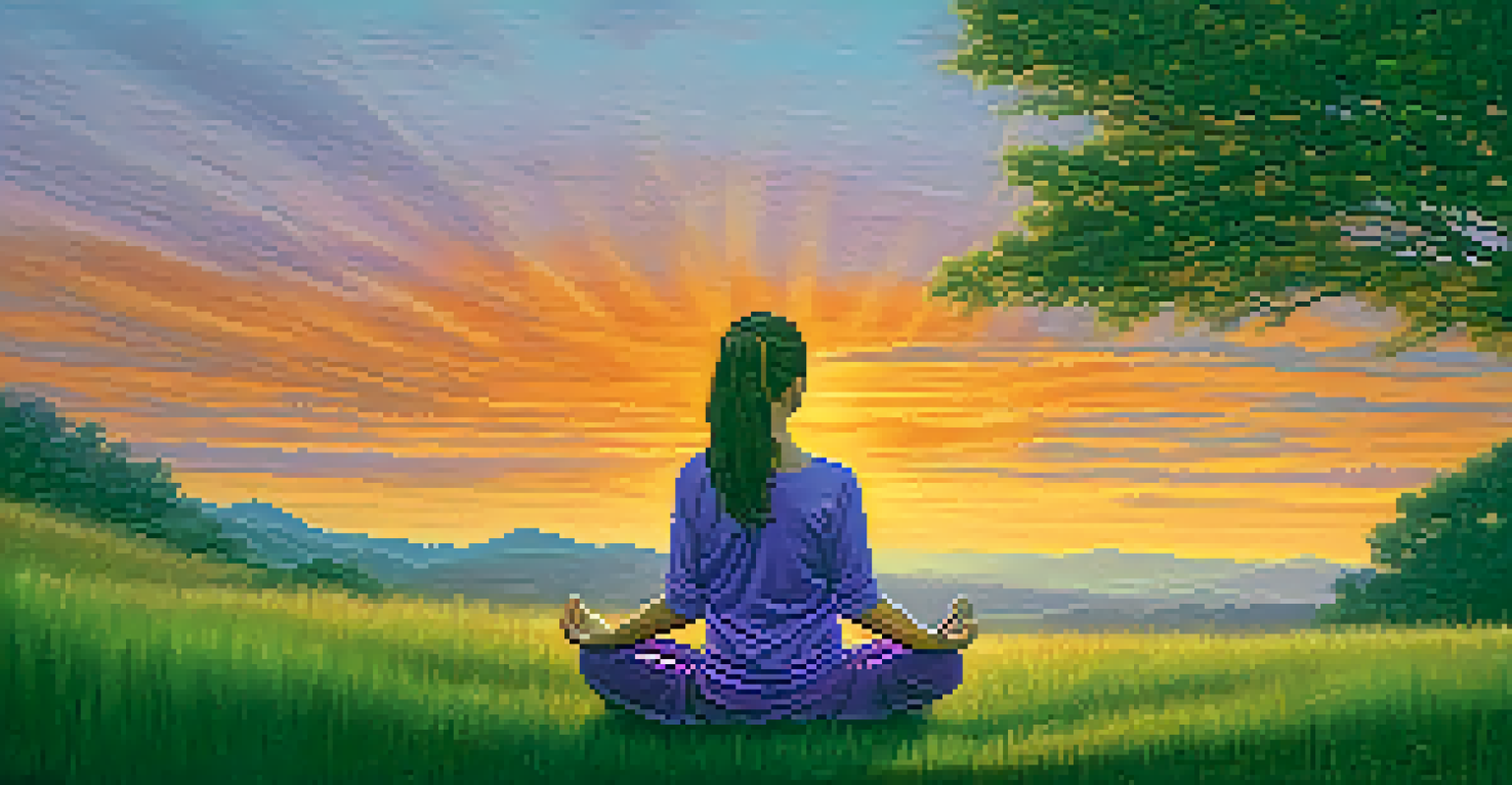 A person practicing yoga on a hill at sunset, surrounded by vibrant colors in the sky, promoting peace and mindfulness.