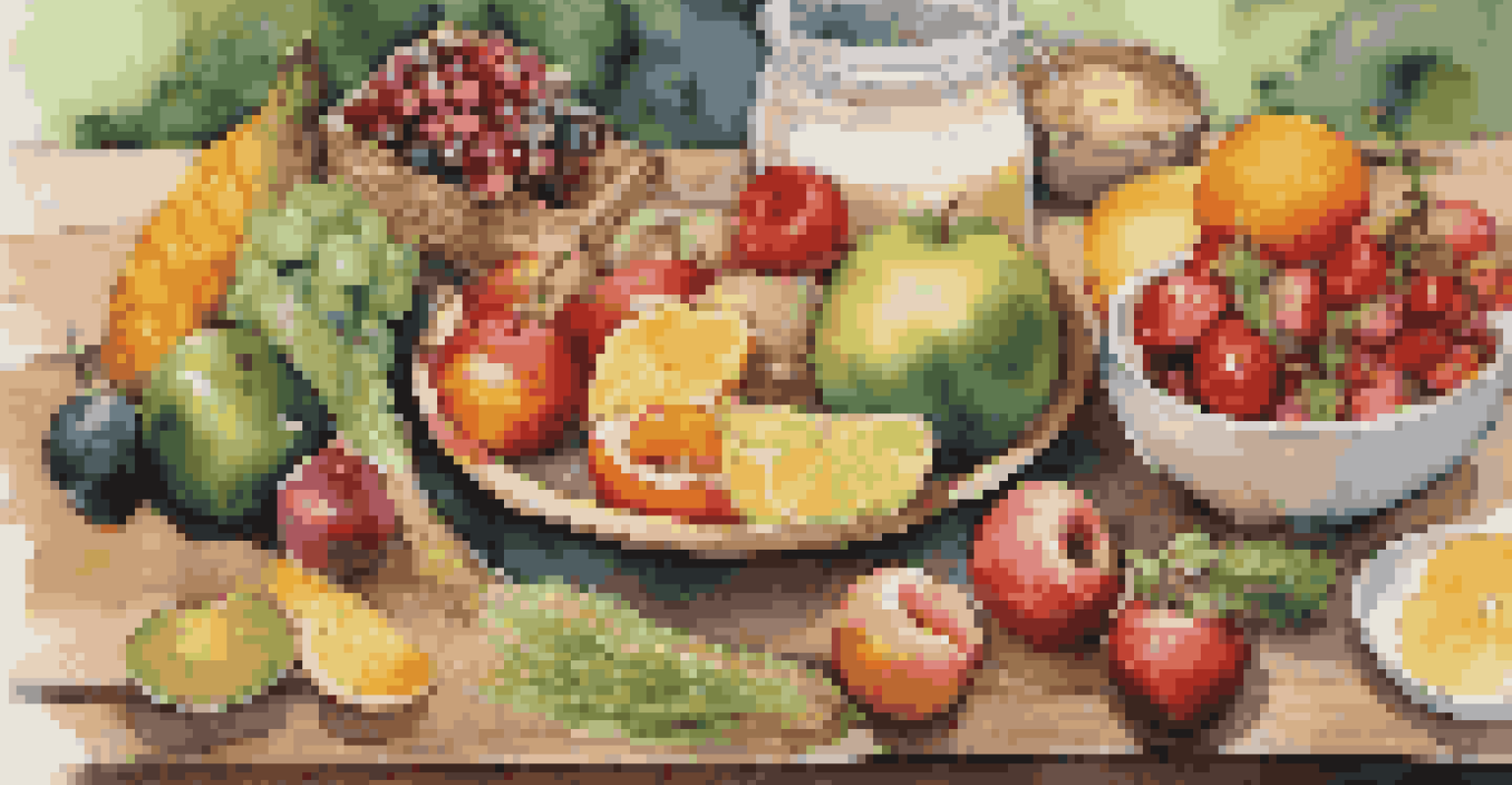 A colorful and nutritious meal with fruits, vegetables, and whole grains on a wooden table.
