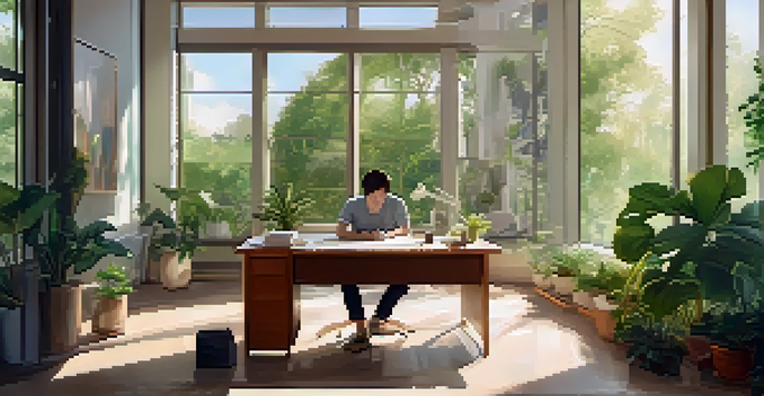 An office with a person meditating at their desk, surrounded by plants and natural light, promoting a peaceful work environment.