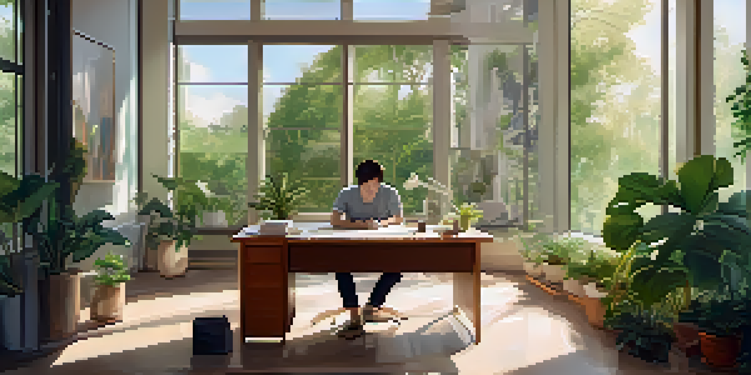An office with a person meditating at their desk, surrounded by plants and natural light, promoting a peaceful work environment.