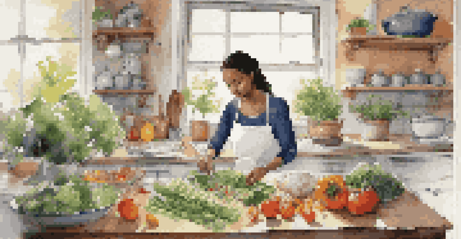 A person preparing a healthy meal in a cozy kitchen, surrounded by fresh ingredients.
