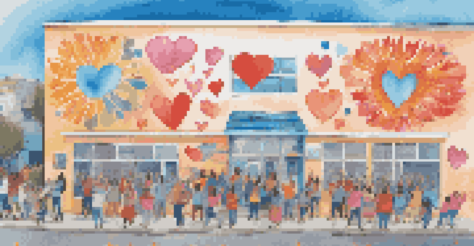 A colorful mural on a community building promoting self-compassion, showing hearts and uplifting quotes, with people admiring it.